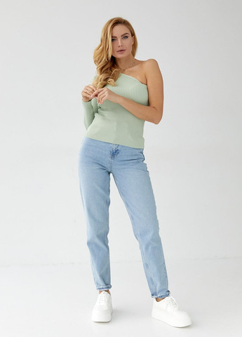 Мятный демисезонный топ в рубчик с рукавом на одно плечо Lurex