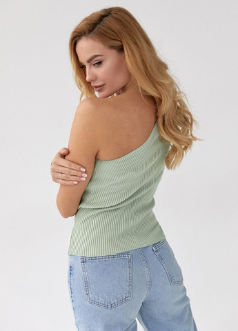 Мятный демисезонный топ в рубчик с рукавом на одно плечо Lurex