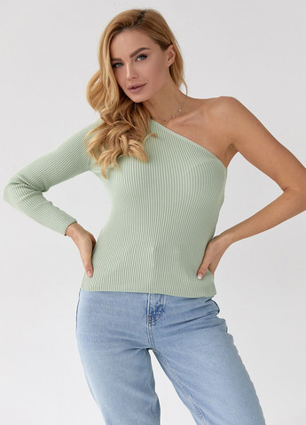 Мятный демисезонный топ в рубчик с рукавом на одно плечо Lurex
