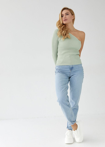 Мятный демисезонный топ в рубчик с рукавом на одно плечо Lurex