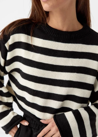 Чорний демісезонний укорочений в'язаний джемпер у смужку чорний колір l Lurex