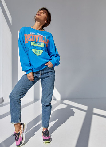 Синий демисезонный женский трикотажный свитшот с ярким принтом джинс Lurex