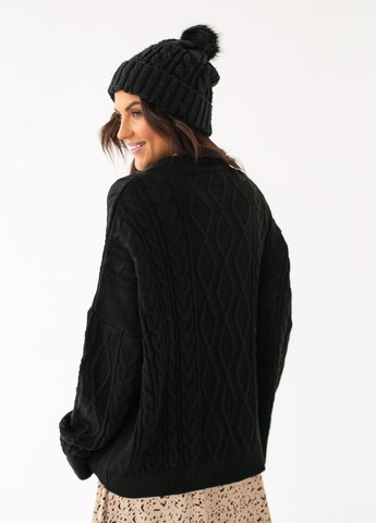Чорний зимовий в'язана кофта вільного фасону з орнаментом. чорний колір Fame