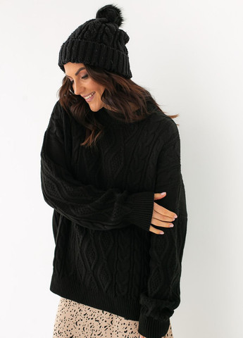 Чорний зимовий в'язана кофта вільного фасону з орнаментом. чорний колір Fame