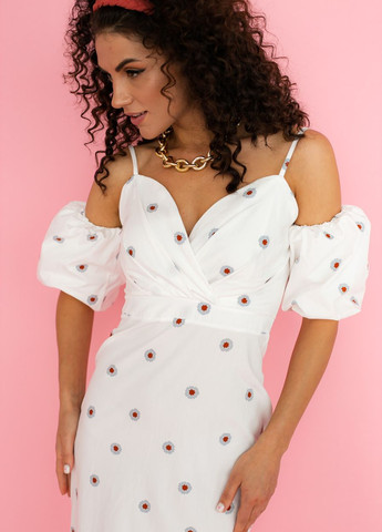 Белое платье элегантное с объемными рукавами DK