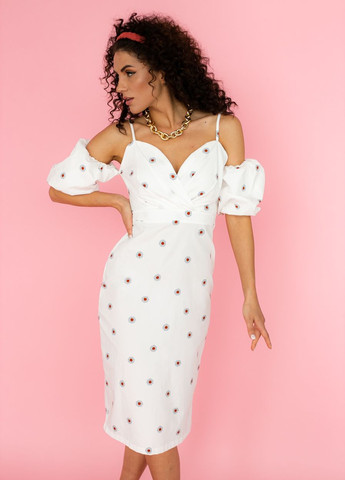 Белое платье элегантное с объемными рукавами DK