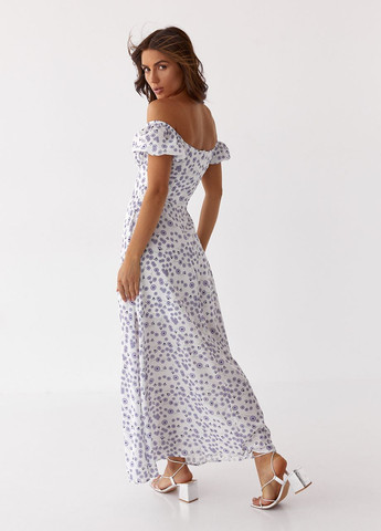 Лавандовое длинное платье с разрезом и кулиской на груди Modaway