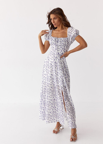 Лавандовое длинное платье с разрезом и кулиской на груди Modaway