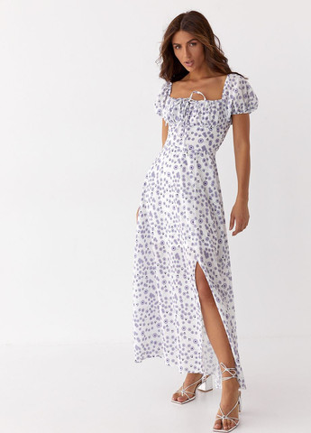 Лавандовое длинное платье с разрезом и кулиской на груди Modaway