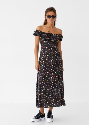 Чорна жіноча сукня довжини міді з куліскою на грудях Pick-Up