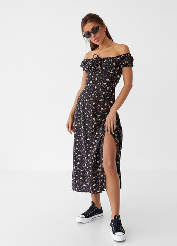 Чорна жіноча сукня довжини міді з куліскою на грудях Pick-Up