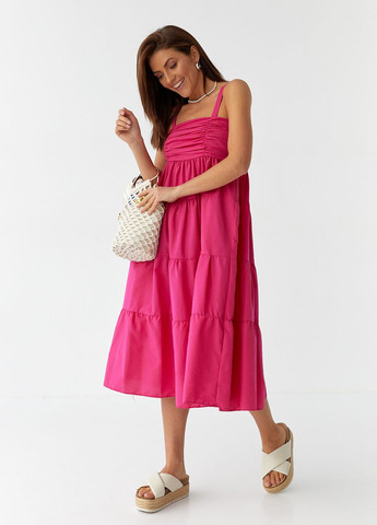Фуксиновое (цвета Фуксия) сарафан миди с драпировкой на полочке No Brand