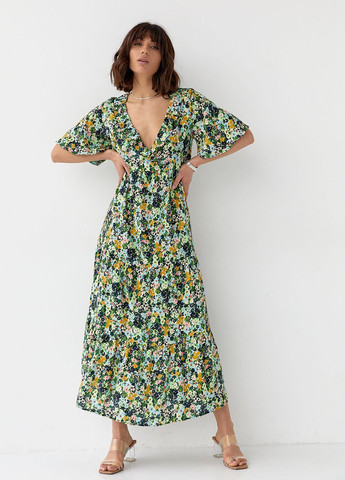 Салатова довга сукня з оборкою та квітковим принтом Lurex