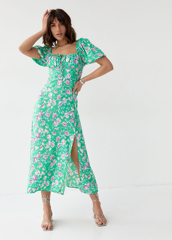 Зеленое летнее цветочное платье миди с кулиской на груди Lurex