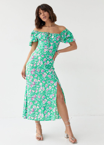 Зелена літня квіткова сукня міді з куліскою на грудях Lurex