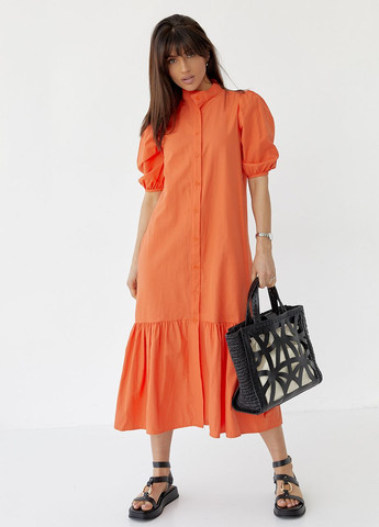 Оранжевое длинное платье на пуговицах с оборкой по низу Lurex