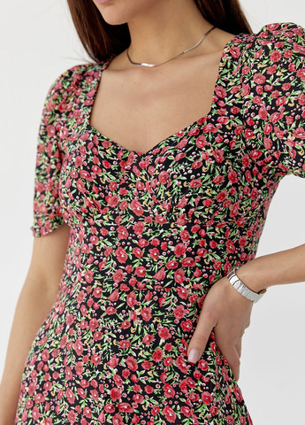 Чорна сукня міді з розрізом у квітковий принт Lurex