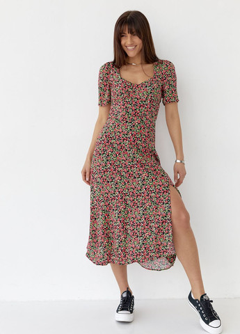 Чорна сукня міді з розрізом у квітковий принт Lurex