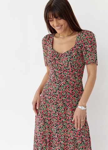 Чорна сукня міді з розрізом у квітковий принт Lurex