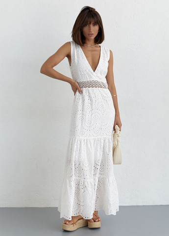 Белое длинное платье из прошвы и кружевом на талии Lurex