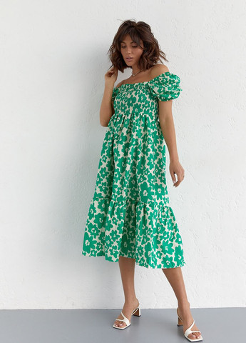 Зеленое платье в крупные цветы с открытыми плечами Lurex