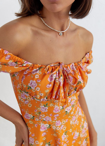 Оранжевое женское летнее платье мини в цветочный принт Lurex