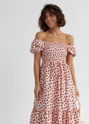 Теракотова сукня у дрібні квіти з відкритими плечима Lurex