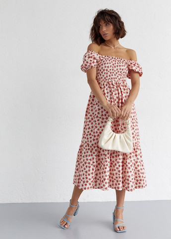 Теракотова сукня у дрібні квіти з відкритими плечима Lurex