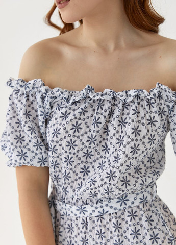 Молочное летнее платье миди с открытыми плечами Lurex
