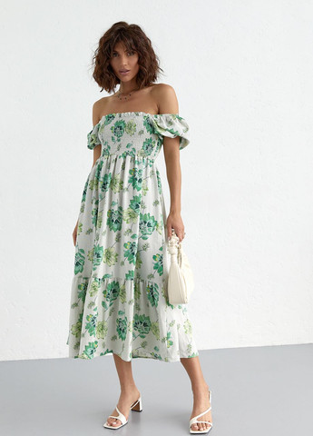 Зелена літнє плаття в квітковий візерунок з відкритими плечима Lurex