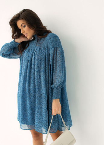 Синя шифонова сукня міді з коміром стійкою Hot Fashion