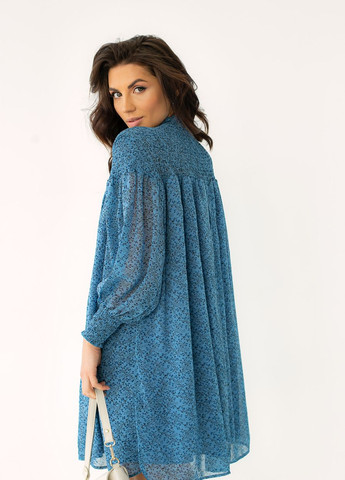 Синя шифонова сукня міді з коміром стійкою Hot Fashion