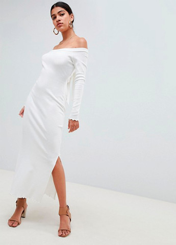 Белое коктейльное женское трикотажное миди платье с открытой спиной, с открытыми плечами, футляр Asos однотонное