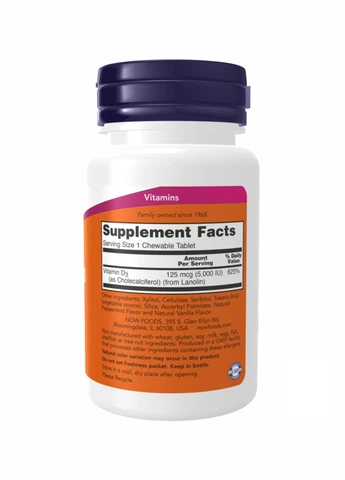 Вітамін D-3 5000 IU Chewable Mint - 120 жувальних таблеток Now Foods (260196223)