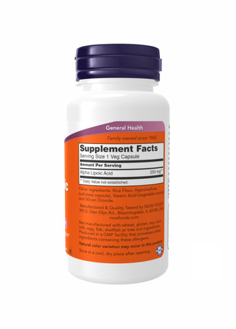 Альфа-липоевая кислота Alpha Lipoic Acid 250 mg - 60 vcaps Now Foods (260196196)