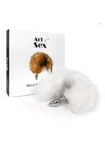 Металева анальна пробка з хвостом із натурального хутра size M White fox Art of Sex (260450121)
