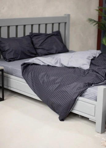 Комплект постільної білизни Satin Stripe Black + Gray 100% бавовна 220х180 см No Brand (260476790)