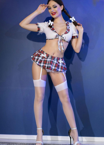 Еротичний ігровий костюм (топ, спідниця з підв'язками, білі панчохи, 2 гумки для волосся, міні-краватка, стрінги) Chilirose (259001045)