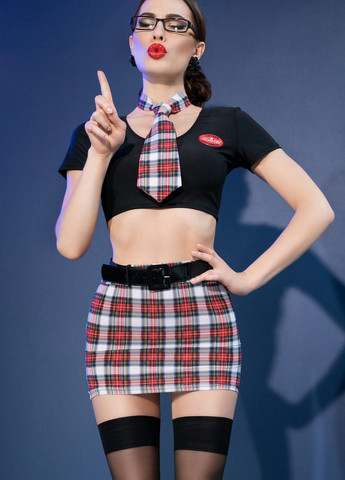Еротичний ігровий костюм (топ, міні-спідничка, стрінги, краватка, панчохи самостримувальні, пояс для спідниці, окуляри) Chilirose (259001044)