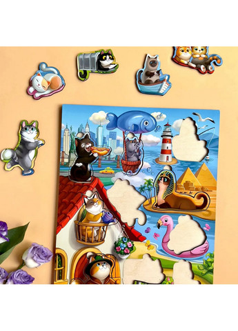 Дерев'яний пазл-вкладиш "Котики -1" з будиночком 1х24х33 см Ubumblebees (260497975)