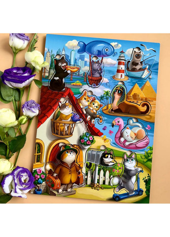 Дерев'яний пазл-вкладиш "Котики -1" з будиночком 1х24х33 см Ubumblebees (260497975)