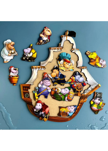 Дерев'яний пазл-вкладиш "Бегемотики-пірати", 13 бегемотиків 1х27х31 см Ubumblebees (260499797)