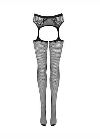 Сетчатые чулки-стокинги с узором на ягодицах Garter stockings S232 S/M/L, черные, имитация Obsessive (260603124)