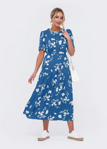 Синее расклешенное платье-миди с цветочным принтом синее Dressa