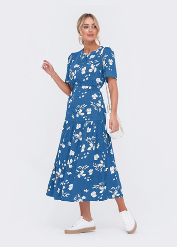 Синее расклешенное платье-миди с цветочным принтом синее Dressa