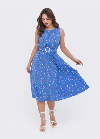 Блакитна розкльошена сукня в квітковий принт з напуском по талії блакитна Dressa
