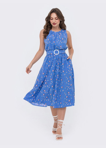 Голубое расклешенное платье в цветочный принт с напуском по талии голубое Dressa