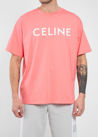 Розовая белая футболка oversize с логотипом Celine