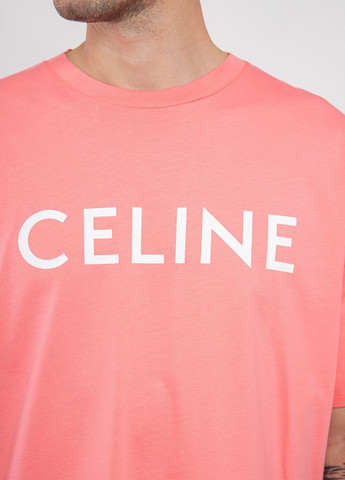 Розовая белая футболка oversize с логотипом Celine