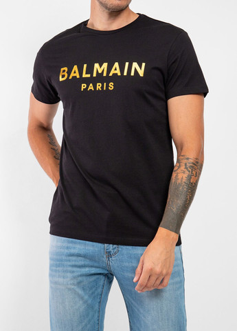 Золотая черная футболка с логотипом Balmain
